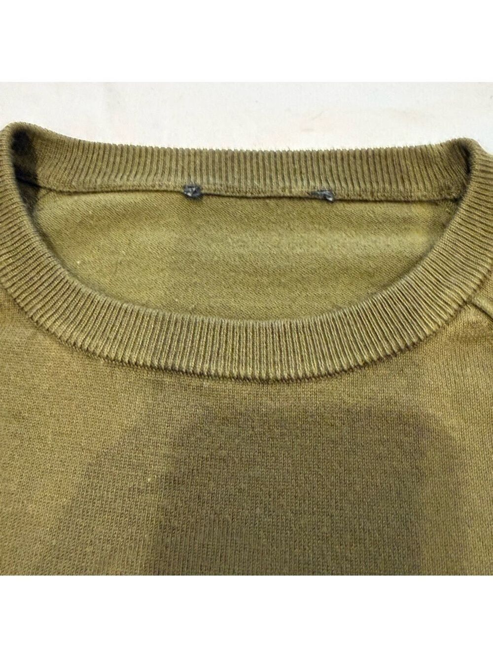 Sweater Olive Green Lightweight Knit Striped Cuff Crewneck Casual Cozy Pullover - Picture 7 of 8